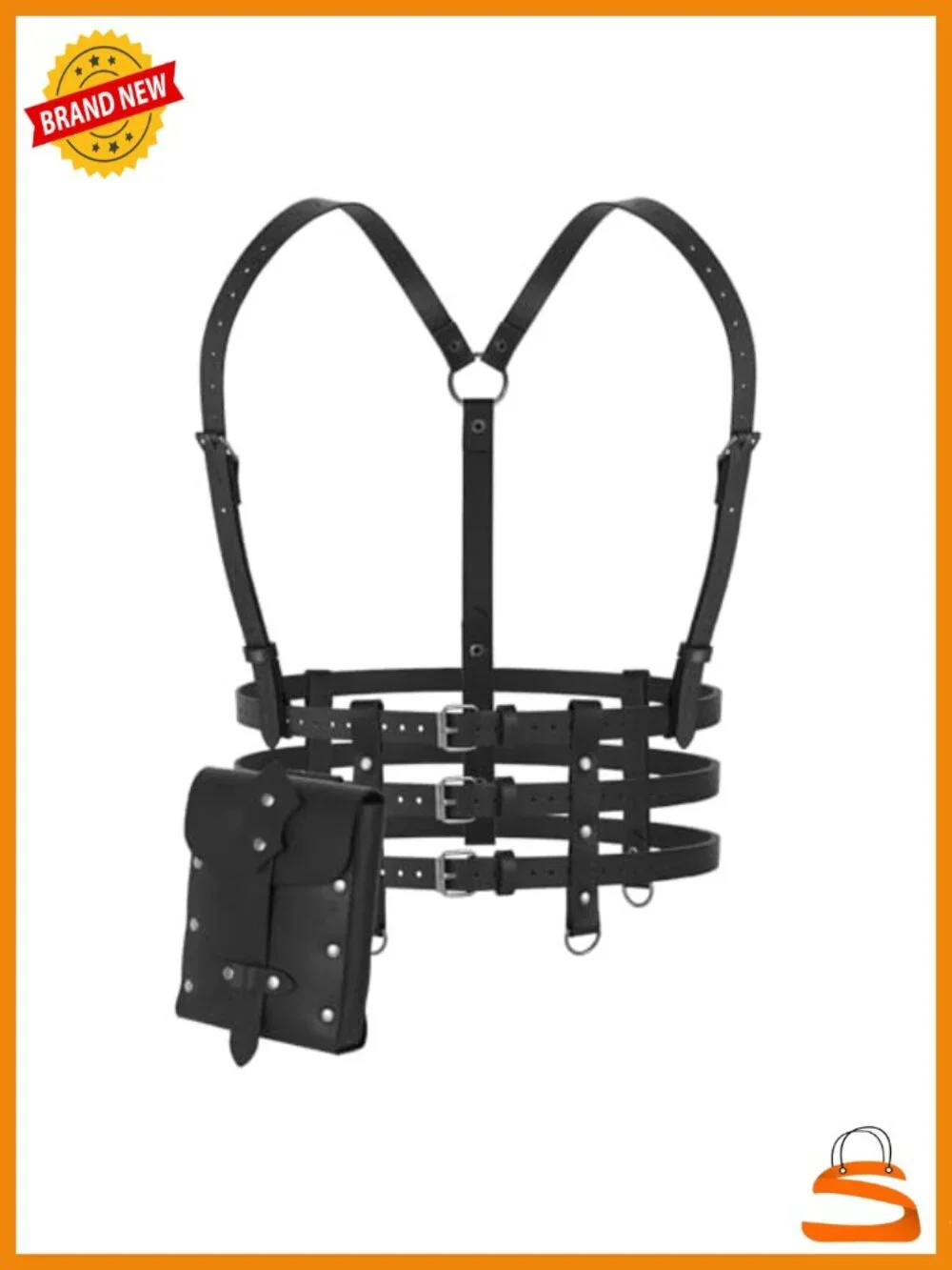 Punk Faux Leather Harness Belt Set with Detachable Studded Pouch, Gothic Corset